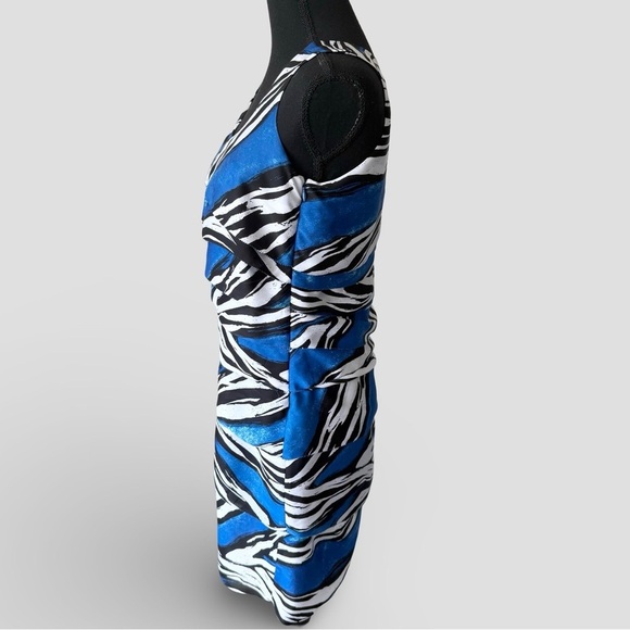 MICHAEL KORS Blue Black White Ruffled Zebra Stripe Sleeveless Dress - Picture 2 of 14